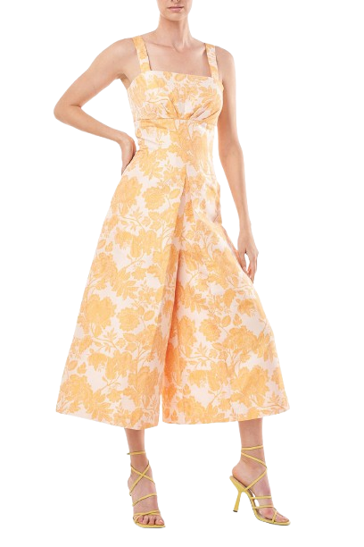 Kay Unger Sleeveless Square Neck Empire Waist Floral Two-Tone Jacquard Jumpsuit with Pockets