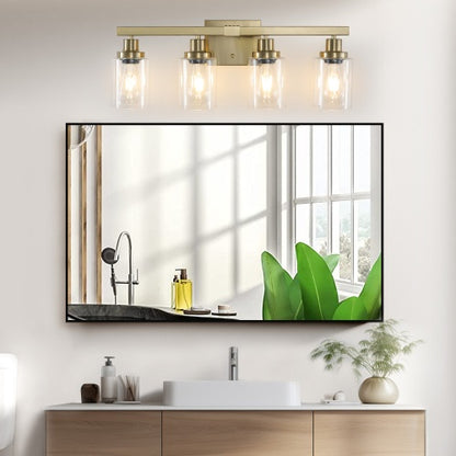 Gold 4 Lamp Vanity Light With Clear Glass Shade, Modern Iron Metal Bathroom Wall Fixture For Bathroom & Dresser - No Bulbs