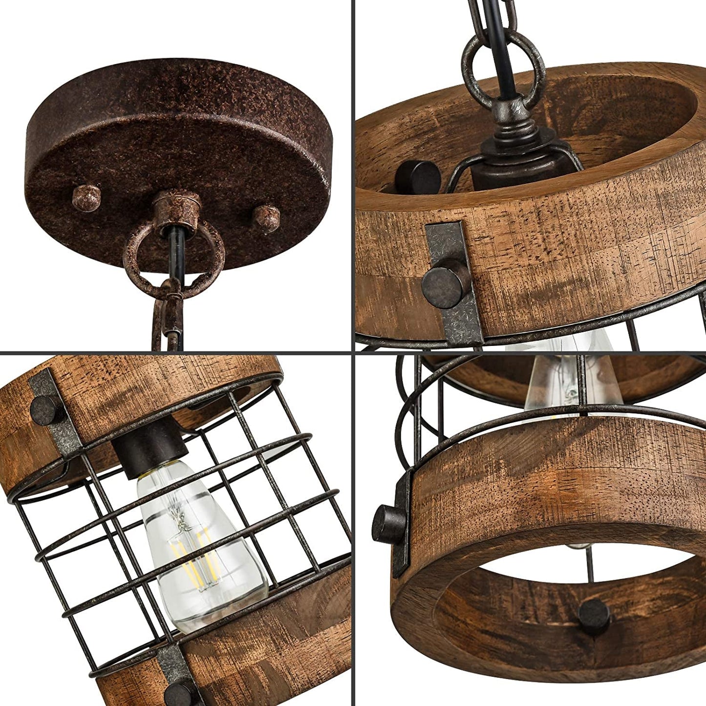 Retro Industrial Metal and Wood Chandelier 1-Light round Cage Pendant