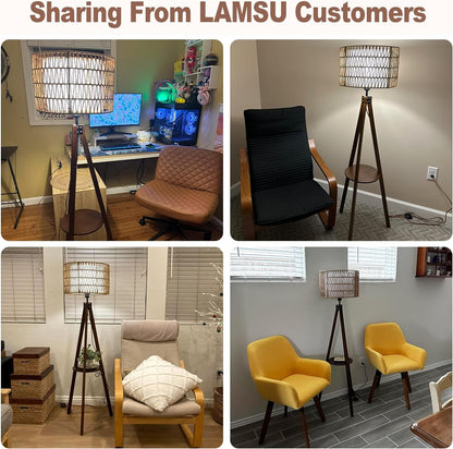 Boho Tripod Floor Lamp with Shelves, Mid Century Wood Standing Lamp with Rattan & Fabric Shades, ON/Off Foot Switch Office