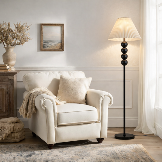 Mid Century Modern Wood Large Floor Lamp with Pleated Lampshade 65"H-0