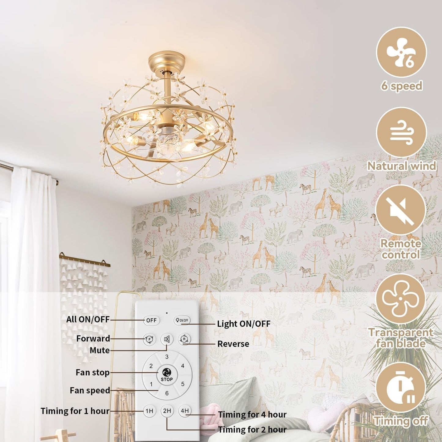 20 Inch Gold Caged Ceiling Fan with Light, Flower Chandelier Ceiling