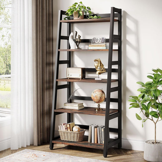 Five Tier Industrial Bookshelf Rustic Brown Timber-0