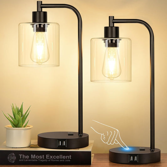 Set of 2 Industrial Touch Control Table Lamps with 2 USB Ports and AC
