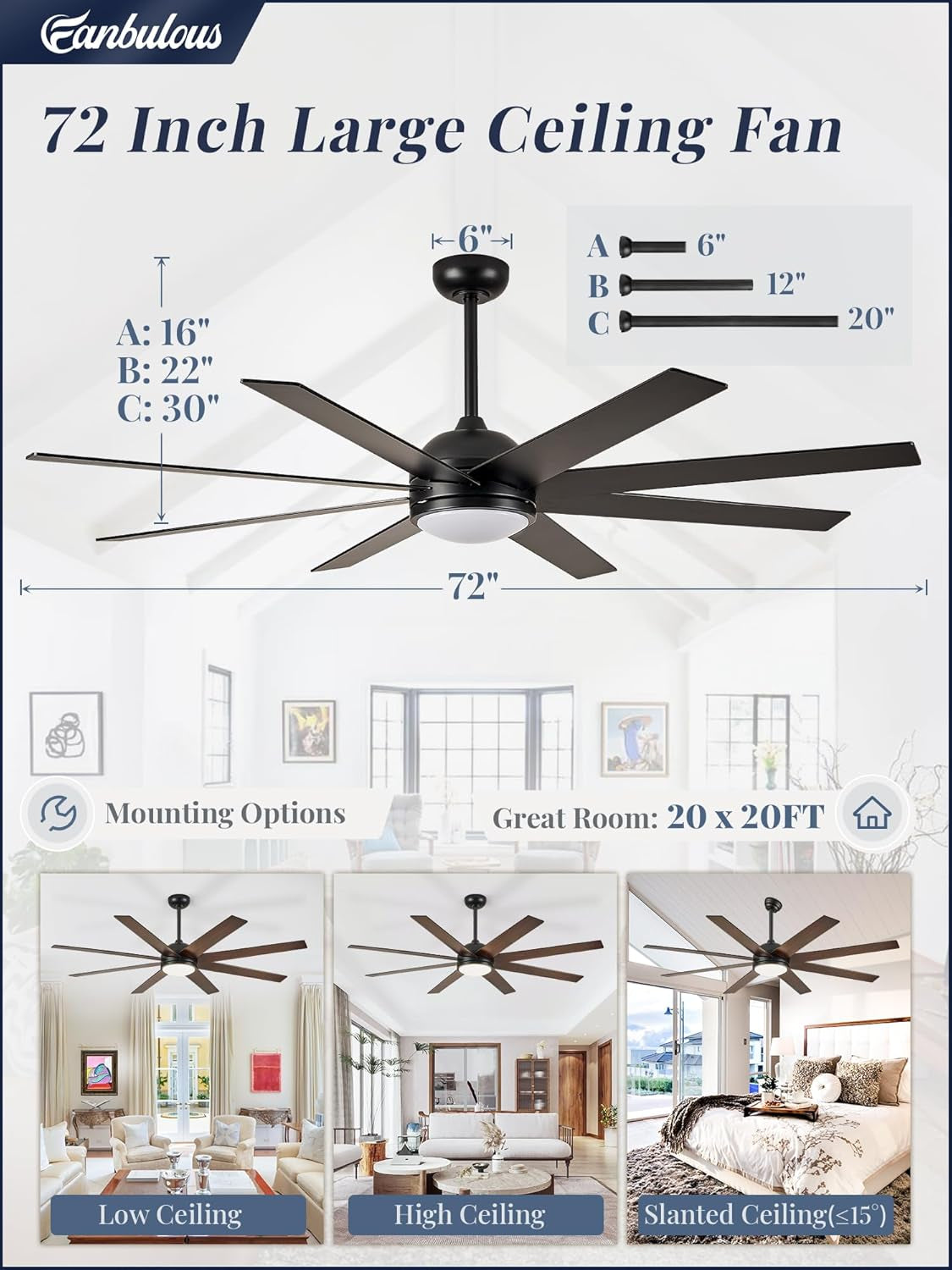 Ceiling Fans with Lights, 72 Inch Large Ceiling Fan with Light and