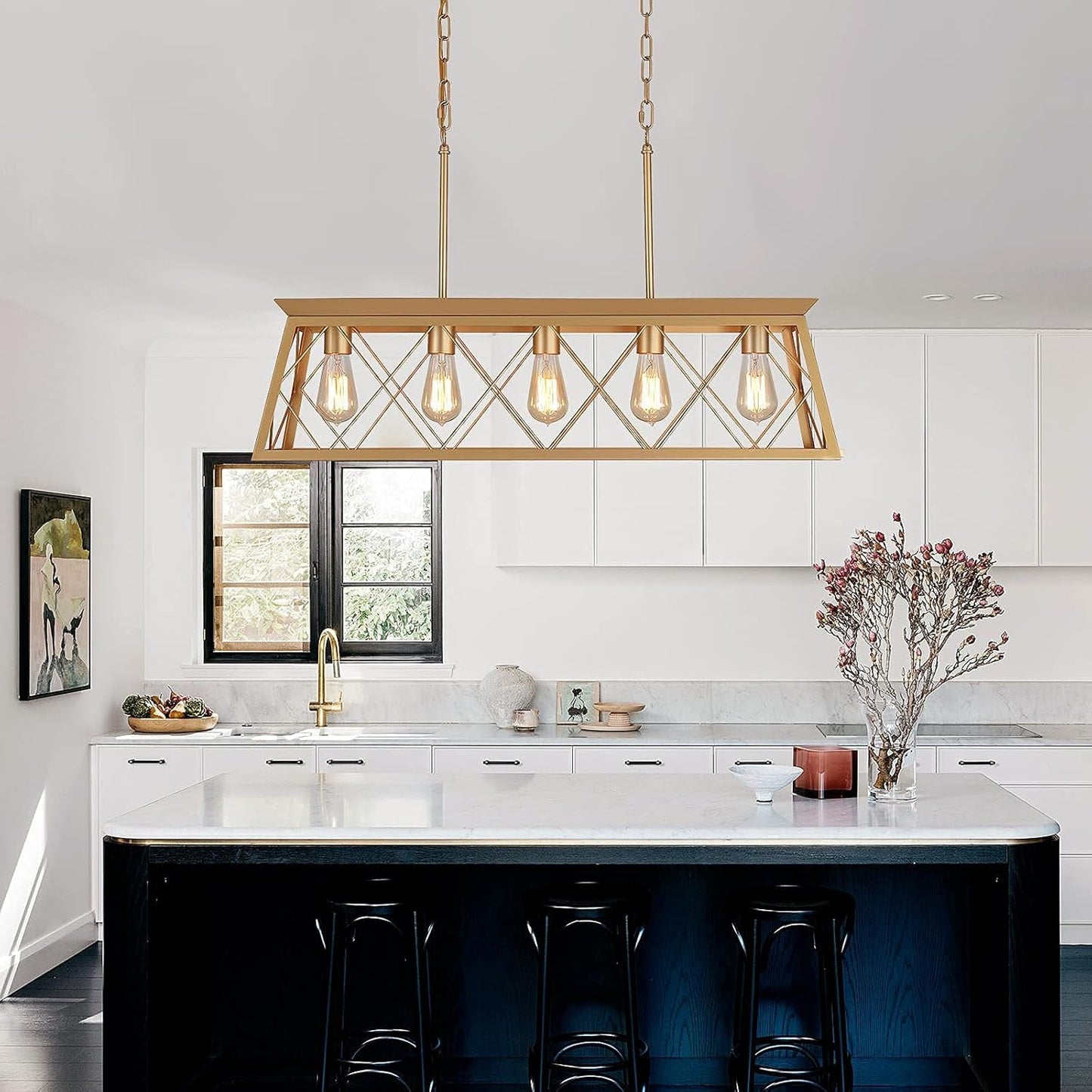 Modern Farmhouse Chandelier Light Fixtures,5-Lights Gold Linear