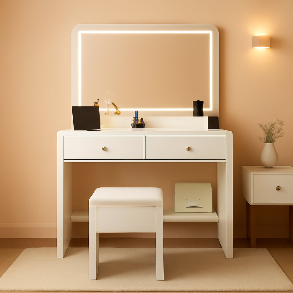 White Makeup Vanity Desk With Integrated LED Lighting-0