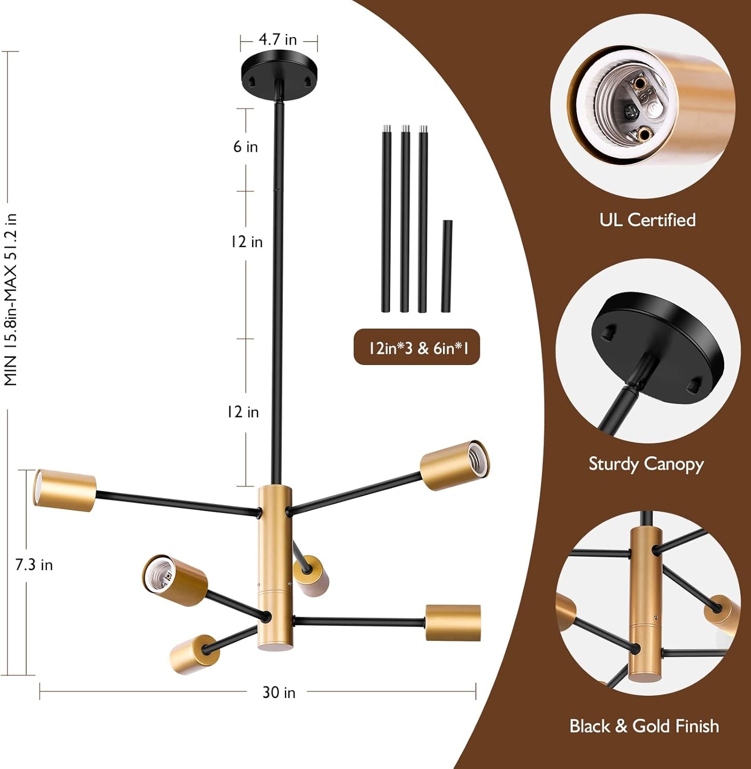 Sputnik Chandelier Black Gold Height Adjustable Pendant-2