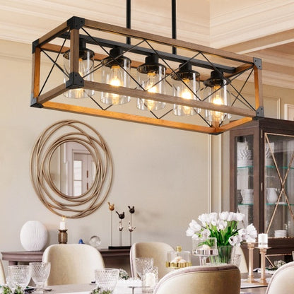 5 Lights Vintage Farmhouse Chandelier For Kitchen, Living Room, Dining Room Walnut - No Bulbs