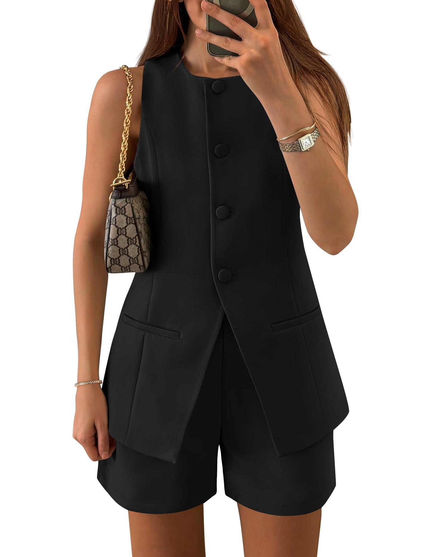 ZESICA Women's 2025 Summer 2 Piece Short Sets Sleeveless Crew Neck Suit Vest Tops High Waist Shorts Business Outfits