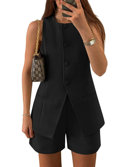 ZESICA Women's 2025 Summer 2 Piece Short Sets Sleeveless Crew Neck Suit Vest Tops High Waist Shorts Business Outfits