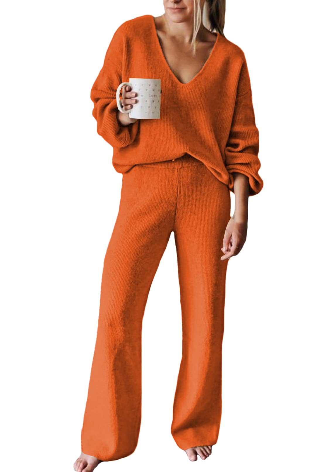 Viottiset Women's 2 Piece Outfits Casual V Neck Knit Wide Leg Sweater Lounge Set Sweatsuit