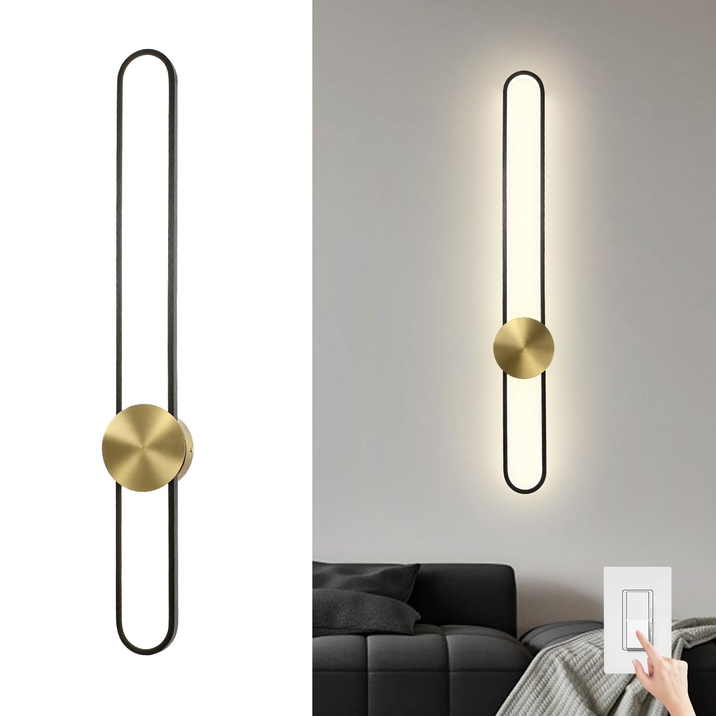 Modern Wall Sconce 4000K Dimmable LED Wall Light Fixture, Hardwired Wall Lamp for Living Room, Dining Room, Bedroom, Hallway, Lobby, Entryway (Brushed Black, H110cm/43.3inch)
