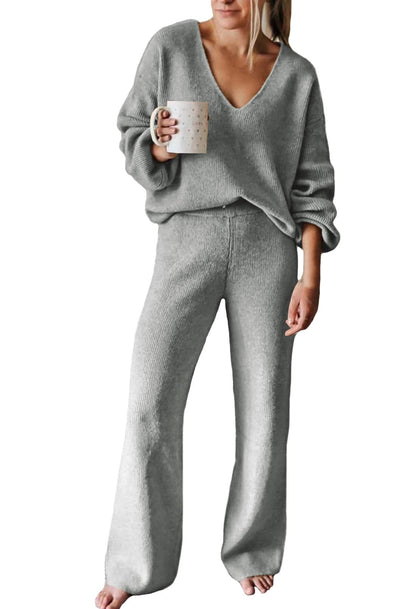 Viottiset Women's 2 Piece Outfits Casual V Neck Knit Wide Leg Sweater Lounge Set Sweatsuit