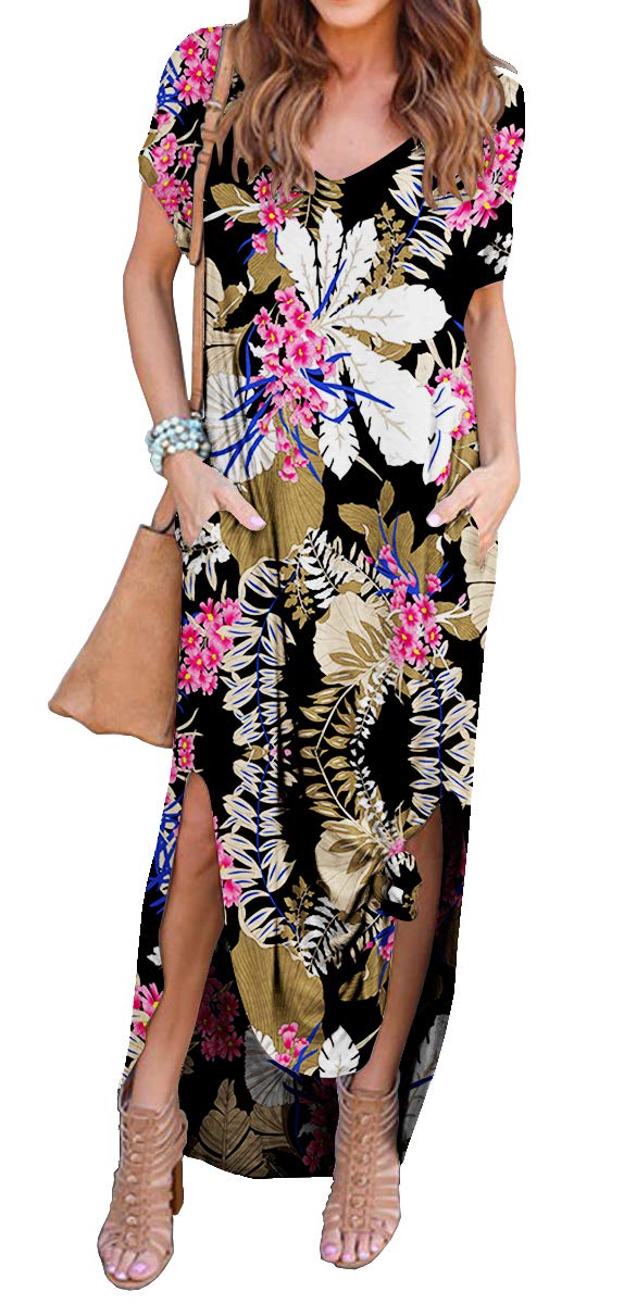 GRECERELLE Women's Casual Loose Pocket Long Dress Short Sleeve Split Maxi Dresses