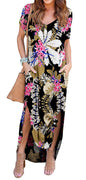 GRECERELLE Women's Casual Loose Pocket Long Dress Short Sleeve Split Maxi Dresses