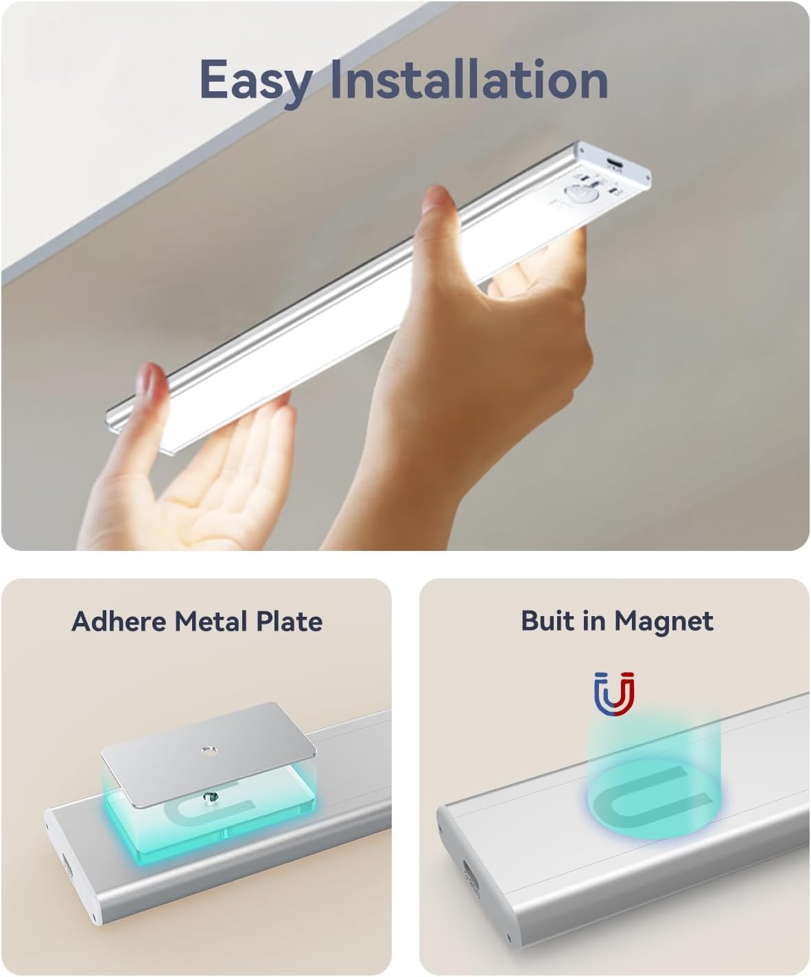 Under Cabinet Lighting, LED Motion Sensor Light Indoor, 2200mAh USB Rechargeable Closet Lights Battery Operated, Stick On Magnetic Wireless Dimmable Under Counter Lights for Kitchen, Stairs (2 Pack)