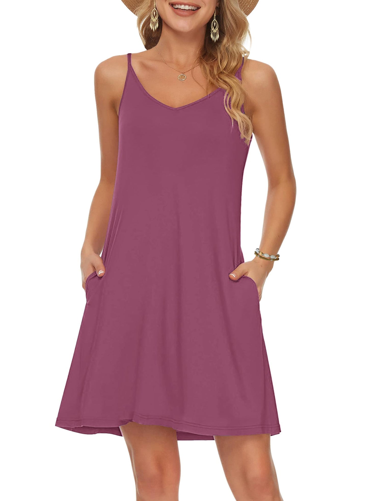 MISFAY Women's Summer Spaghetti Strap Casual Swing Tank Beach Cover Up Dress with Pockets