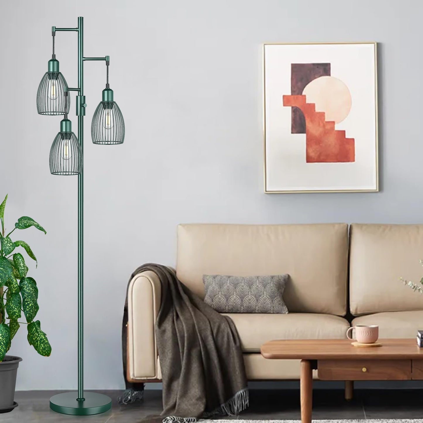 Dimmable Industrial Floor Lamps for Living Room, Gold Tree Standing Tall Lamps with 3 Elegant Teardrop Cage Head & 800 Lumens LED Bulbs for Bedroom Office