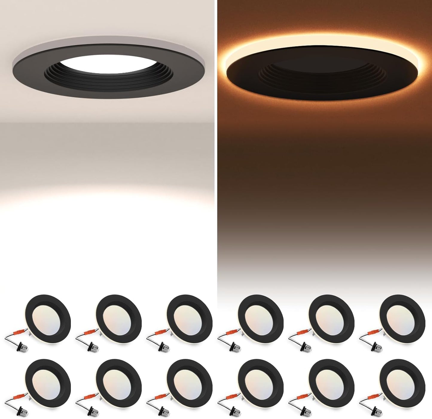 12 Pack 4 Inch Black LED Can Lights with Night Light, 5CCT Retrofit Recessed Lighting Selectable 2700K-6000K Dimmable, 9W=55W, 630LM Downlight with Metal Smooth Trim - ETL and Energy Star
