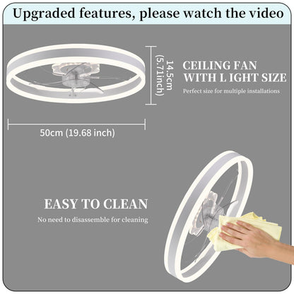 20‘’ Ceiling Fan with Light, Upgraded Low Profile Fan, Flush Mount Ceiling Fan, 6 Speeds, Dimmable LED, App & Remote Control, Quiet DC Motor, for Bedroom, Living Room, F115 White