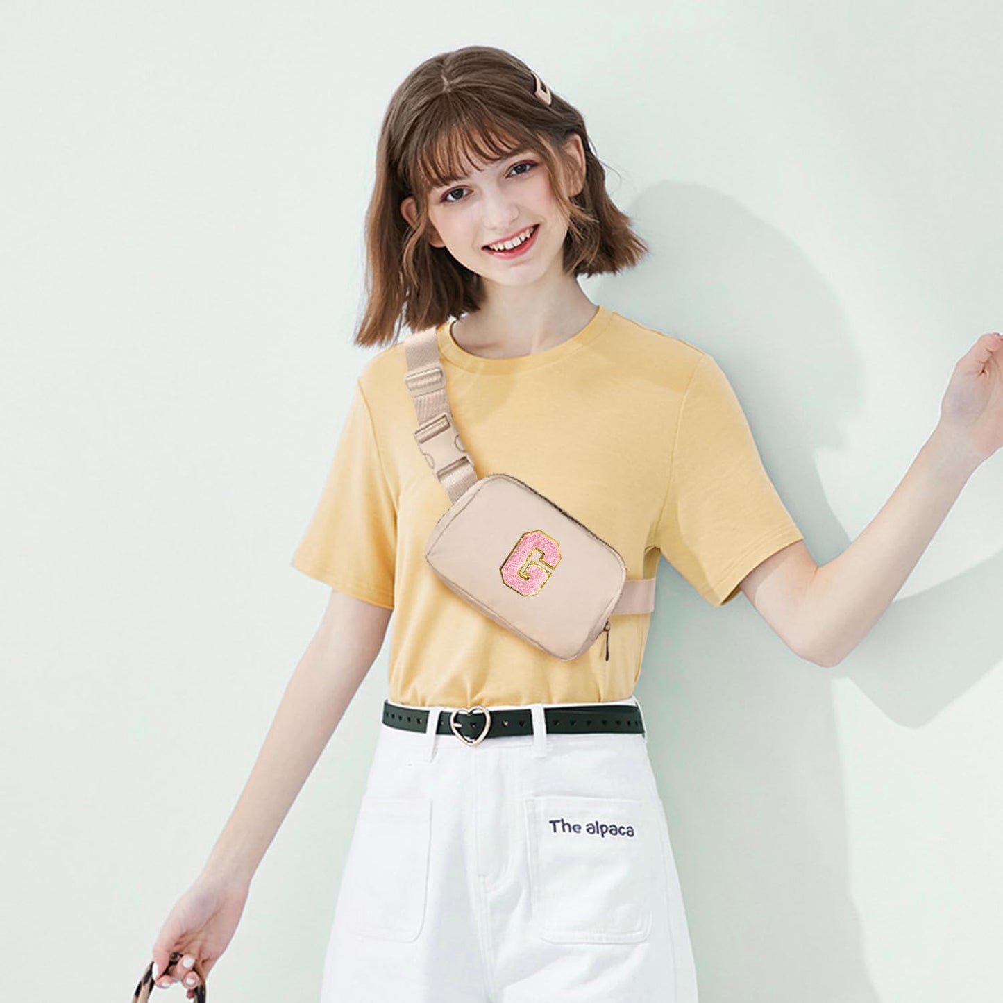 Gitus Belt Bag Fanny Pack Crossbody Bags with Initial Letter Patch Cute Stuff Birthday Gifts for Teenager Girls Cool Stuff for Teens Trendy Preppy Stuff for Teen Girls (Beige-A)