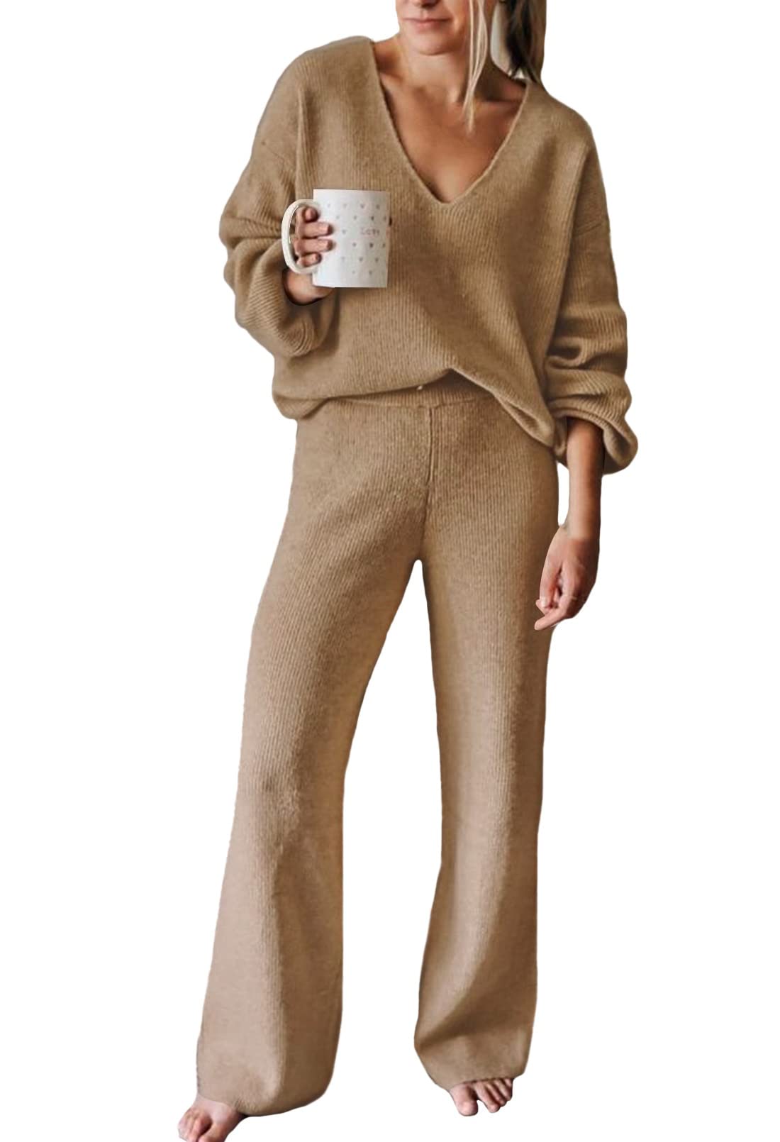 Viottiset Women's 2 Piece Outfits Casual V Neck Knit Wide Leg Sweater Lounge Set Sweatsuit