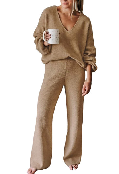 Viottiset Women's 2 Piece Outfits Casual V Neck Knit Wide Leg Sweater Lounge Set Sweatsuit