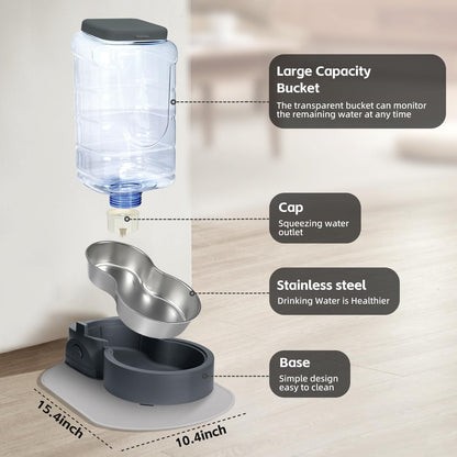 2 Pack Automatic Cat Feeder and Stainless Steel Water Dispenser, Gravity Dog Waterer Set Food Feeder and Waterer Set for Small Medium Kitten Puppy Pets(1 Gallon x 2, Charcoal Gray)