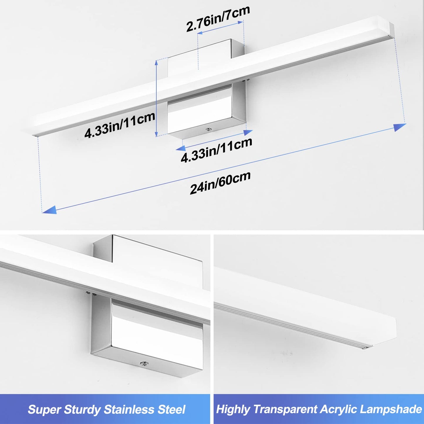 Combuh Modern Bathroom Light Fixtures Over Mirror 16 Inch IP44 9W Chrome Vanity Light Bar for Bathroom Wall Light Fixtures Cool White 6000K