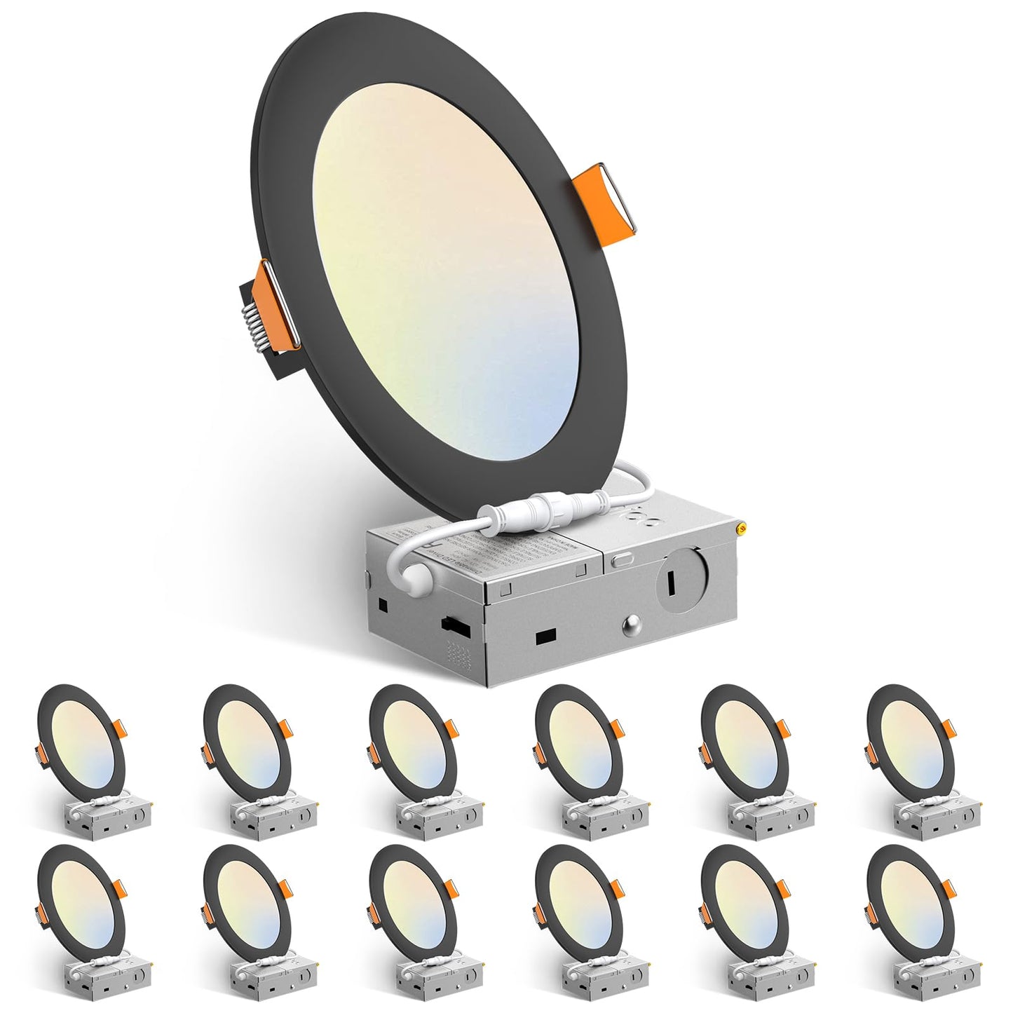 Amico 12 Pack 6 Inch 5CCT Ultra-Thin LED Recessed Ceiling Light with Junction Box, 1050LM Brightness, Dimmable Canless Wafer Downlight, 12W, ETL&FCC