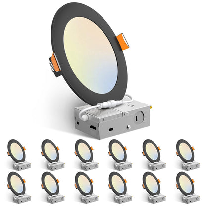 Amico 12 Pack 6 Inch 5CCT Ultra-Thin LED Recessed Ceiling Light with Junction Box, 1050LM Brightness, Dimmable Canless Wafer Downlight, 12W, ETL&FCC