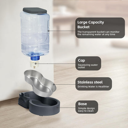 2 Pack Automatic Cat Feeder and Stainless Steel Water Dispenser, Gravity Dog Waterer Set Food Feeder and Waterer Set for Small Medium Kitten Puppy Pets(1 Gallon x 2, Charcoal Gray)