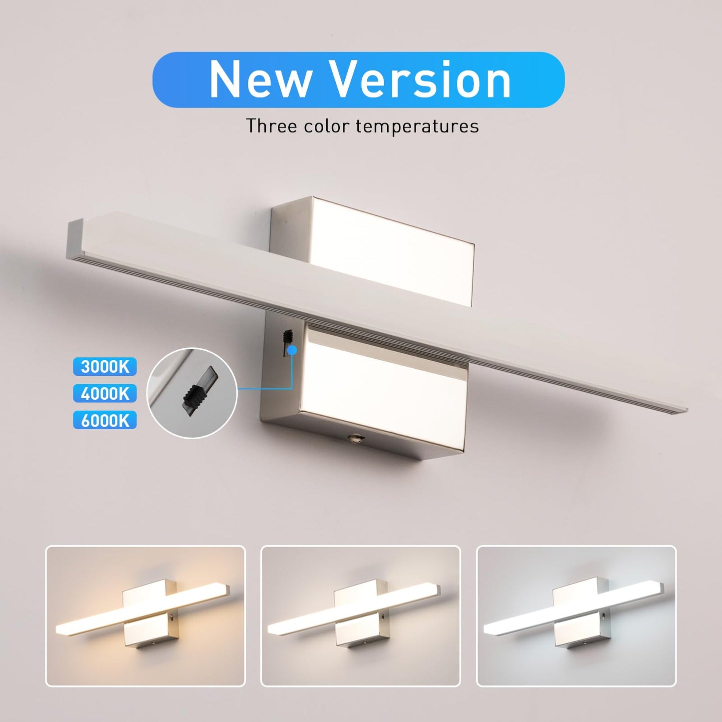Combuh Modern Bathroom Light Fixtures Over Mirror 16 Inch IP44 9W Chrome Vanity Light Bar for Bathroom Wall Light Fixtures Cool White 6000K