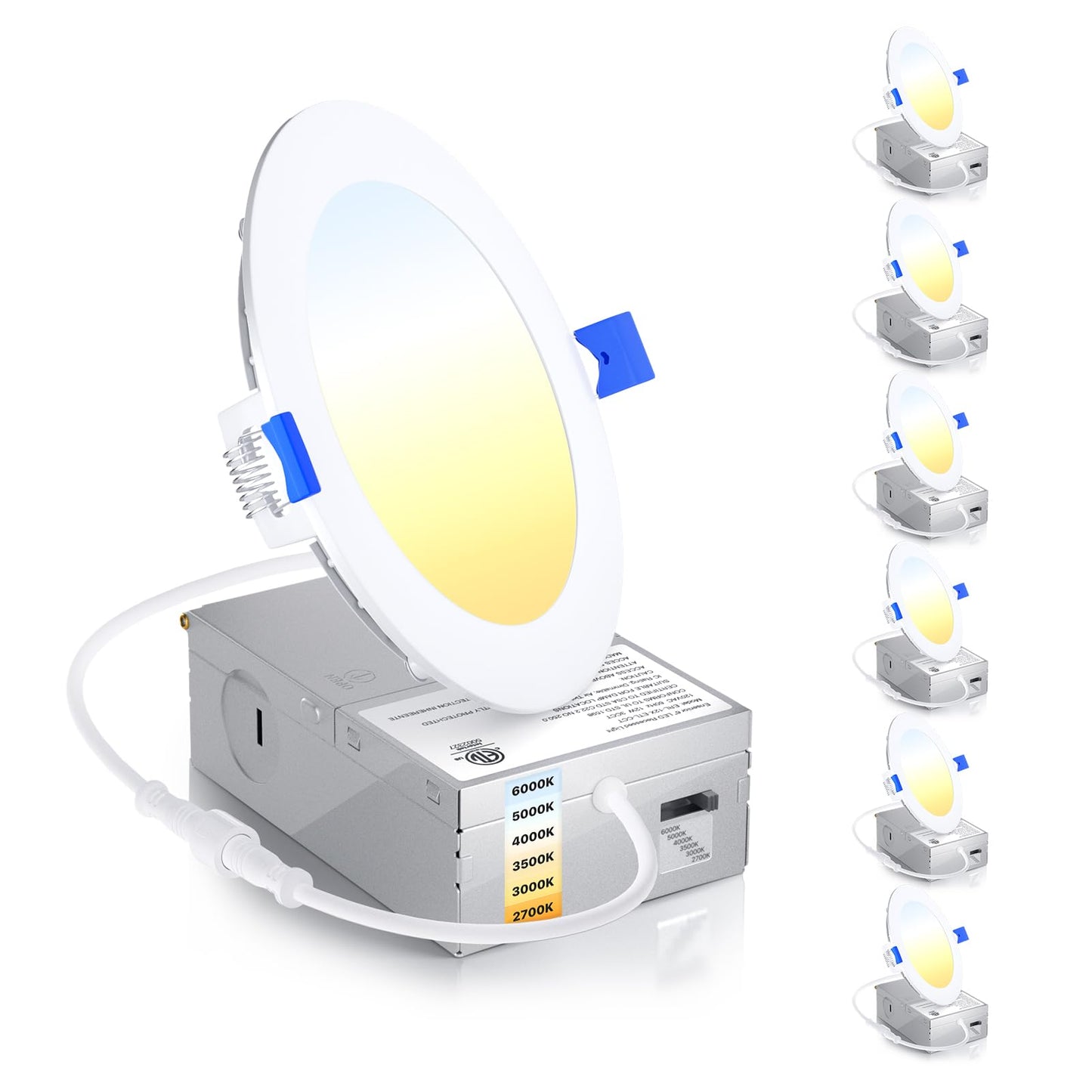 Ensenior 6 Pack 6 Inch LED Recessed Light, Dimmable, 2700K-5000K 5CCT, 1200LM High Brightness, 12W 120V, Damp Rated, Ultra-Thin Canless Wafer Ceiling Light - ETL & FCC & IC
