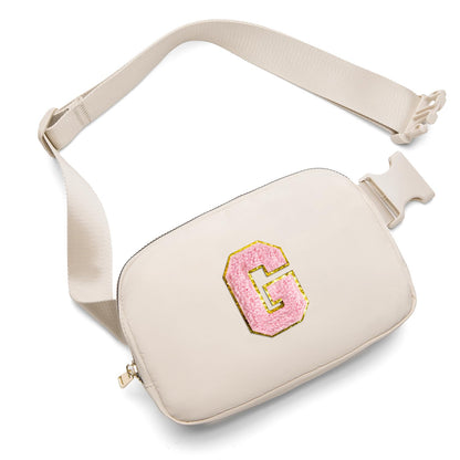 Gitus Belt Bag Fanny Pack Crossbody Bags with Initial Letter Patch Cute Stuff Birthday Gifts for Teenager Girls Cool Stuff for Teens Trendy Preppy Stuff for Teen Girls (Beige-A)