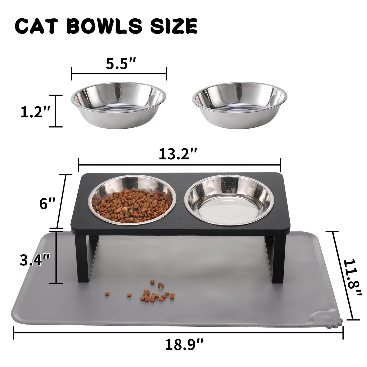 Upgraded Elevated Cat Bowls with Food Mat,15°Tilted Stand Anti Vomiting Raised Cat Dishes for Food and Water,2 Stainless Steel Bowls for Cats and Puppy