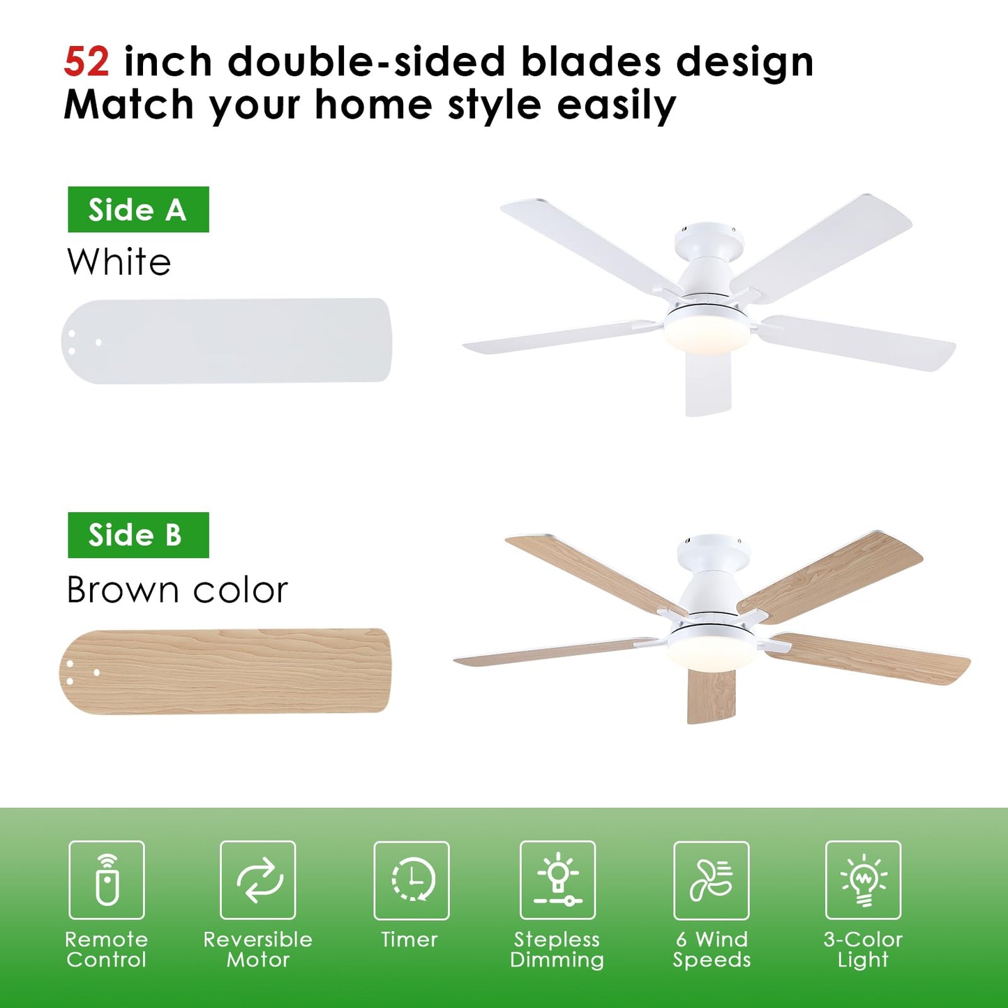 Ceiling Fans with Lights- 46" Low Profile Indoor Ceiling Fan with Light and Remote/APP Control, Flush Mount, LED Dimmable DC Reversible Modern Ceiling Fan for Bedroom（Black）