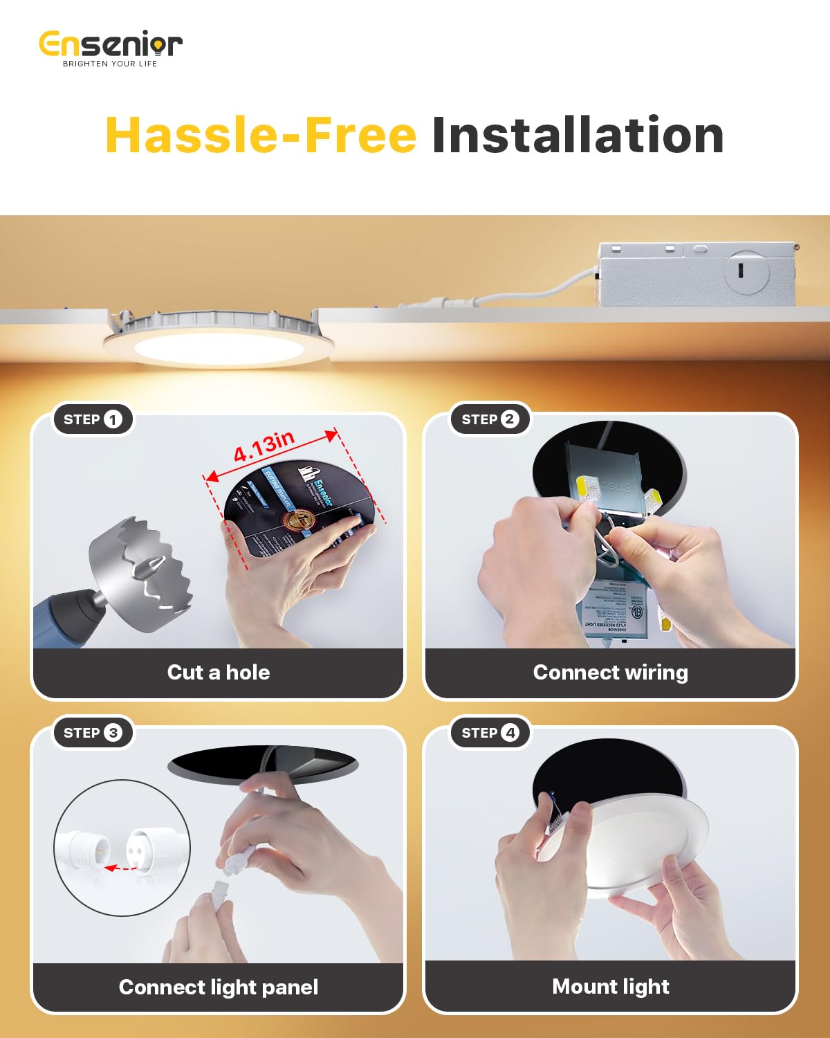 Ensenior 12 Pack 4 Inch LED Recessed Ceiling Light, Dimmable, 2700K-5000K 5CCT, 750LM 9W 120V, High Brightness Canless Wafer Downlight - ETL&FCC&IC