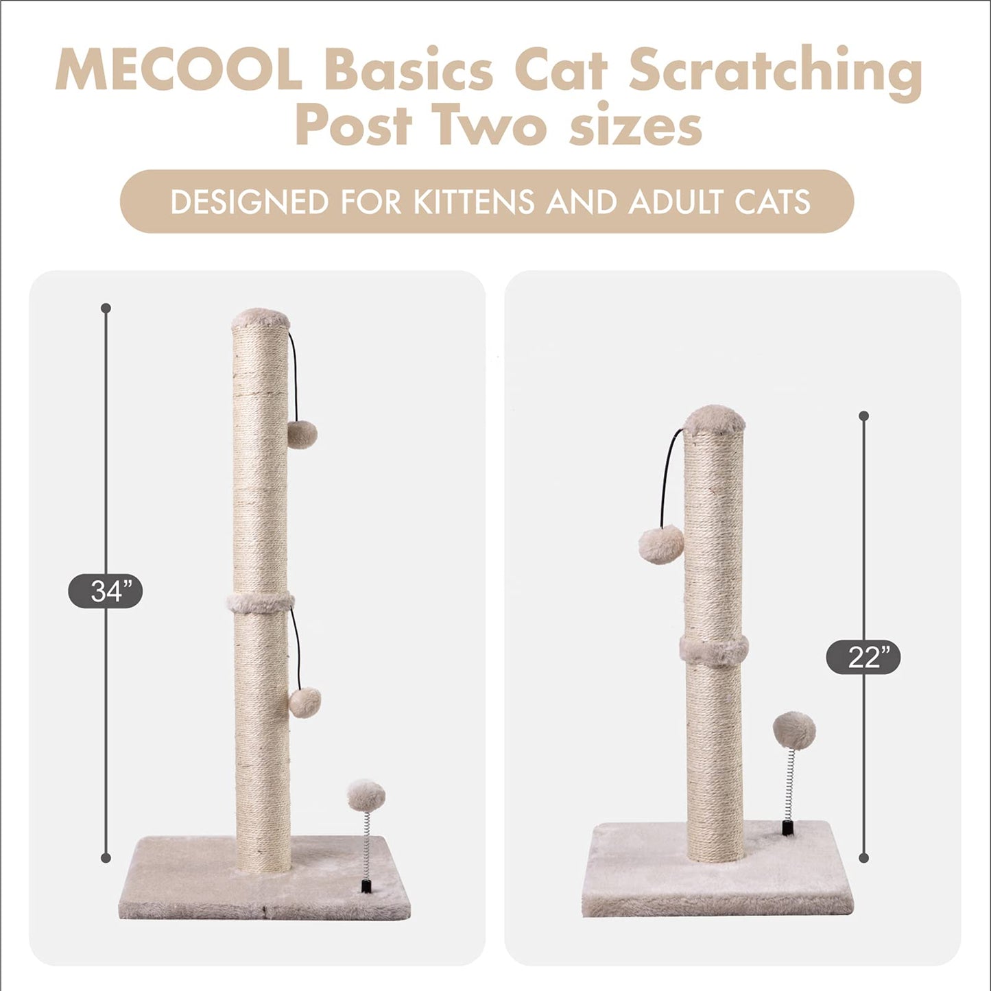 Cat Scratching Post Premium Basics Kitten Scratcher Sisal Scratch Posts with Hanging Ball 22in for Kittens or Smaller Cats (22 inches for Kitten, Beige)