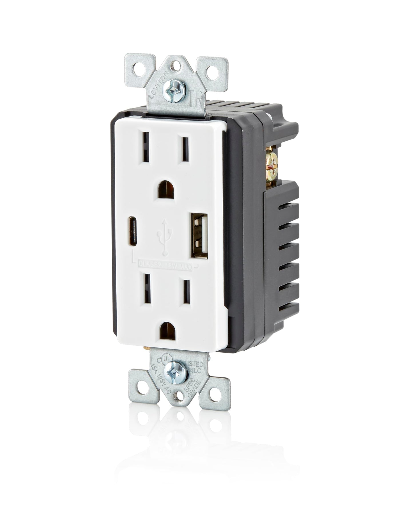 Leviton T5633-W Type A & Type-C USB In-Wall Charger with 15A Tamper-Resistant Outlet, USB Charger for Smartphones and Tablets, Not for Laptops, White
