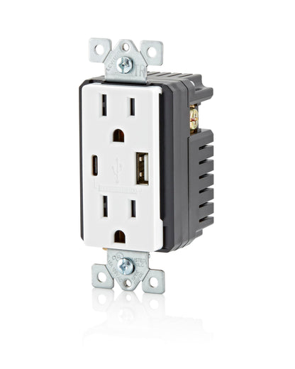 Leviton T5633-W Type A & Type-C USB In-Wall Charger with 15A Tamper-Resistant Outlet, USB Charger for Smartphones and Tablets, Not for Laptops, White