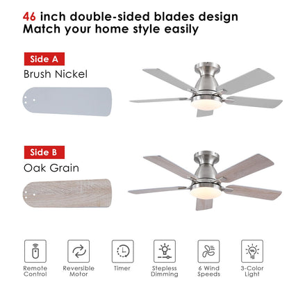 Ceiling Fans with Lights- 52" Low Profile Indoor Ceiling Fan with Light and Remote/APP Control, Flush Mount, LED Dimmable DC Reversible Modern Ceiling Fan for Bedroom（Black）