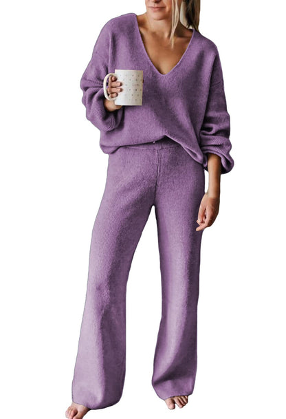 Viottiset Women's 2 Piece Outfits Casual V Neck Knit Wide Leg Sweater Lounge Set Sweatsuit