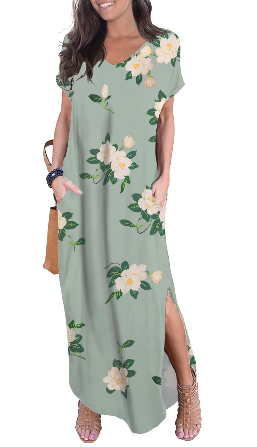 GRECERELLE Women's Casual Loose Pocket Long Dress Short Sleeve Split Maxi Dresses