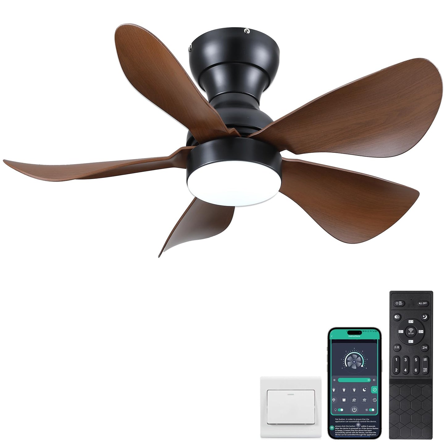 Ceiling Fans with Lights and Remote/APP Control, 30 inch Low Profile Ceiling Fans with 5 Reversible Blades 3 Colors Dimmable 6 Speeds Ceiling Fan for Bedroom Kids Room Dining Room, Black