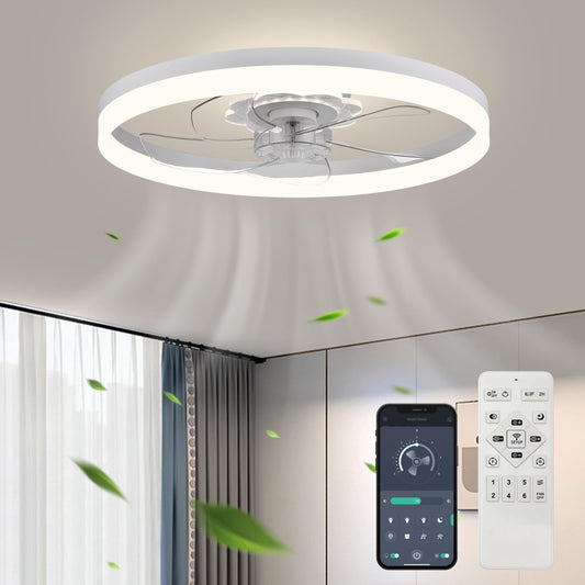 20‘’ Ceiling Fan with Light, Upgraded Low Profile Fan, Flush Mount Ceiling Fan, 6 Speeds, Dimmable LED, App & Remote Control, Quiet DC Motor, for Bedroom, Living Room, F115 White
