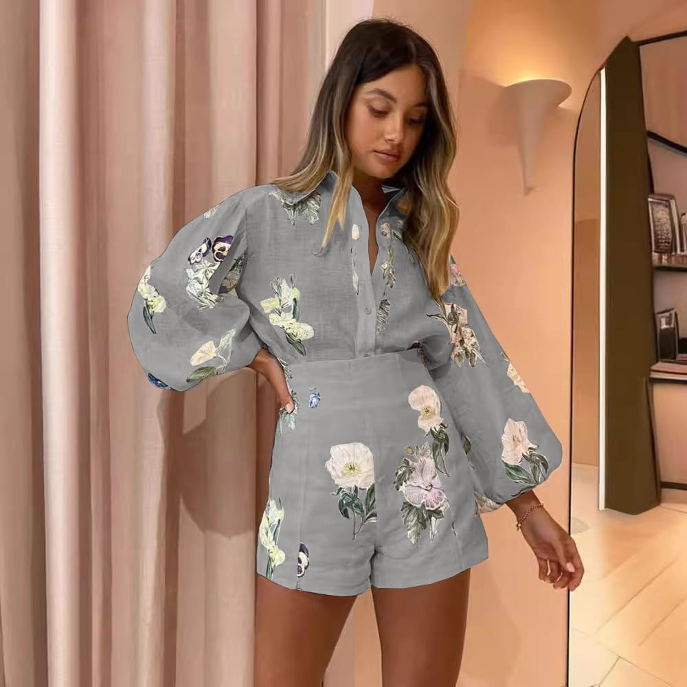 Molilove Womens 2 Piece Outfit Hawaiian Long Sleeve Button Down Shirt and Shorts Tracksuit Lounge Set
