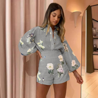 Molilove Womens 2 Piece Outfit Hawaiian Long Sleeve Button Down Shirt and Shorts Tracksuit Lounge Set