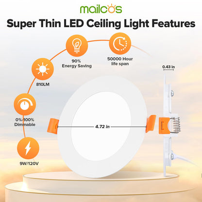 12 Pack 6 Inch 5CCT Ultra-Thin LED Recessed Ceiling Light with Junction Box, 2700K-5000K Selectable, 1050LM High Brightness, Dimmable Canless Wafer Downlight, 12W 120V, ETL